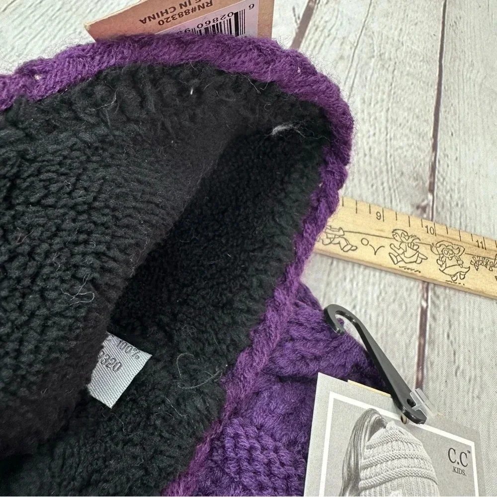 NWT boutique C.C. beanie and headband deep purple kids messy bun beanie tail